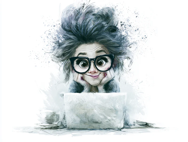 Alternate whimsical caricature of a nerdy woman with glasses